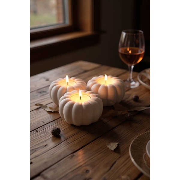 3'lü Beyaz Mini Bal Kabağı LED Tealight Mumluk Seti